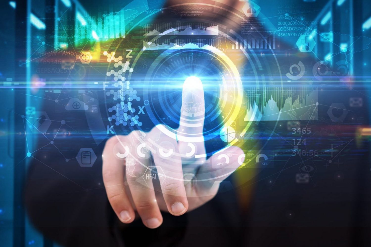 Man,Touching,Hologram,Screen,Displaying,Medical,Symbols,And,Charts Man,Touching,Hologram,Screen,Displaying,Medical,Symbols,And,Charts